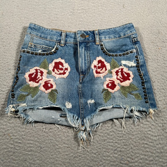 Free People Pants - Free People Shorts Womens 24 Blue Denim Embroidered Wild Rose‎ Raw Fringe Hem